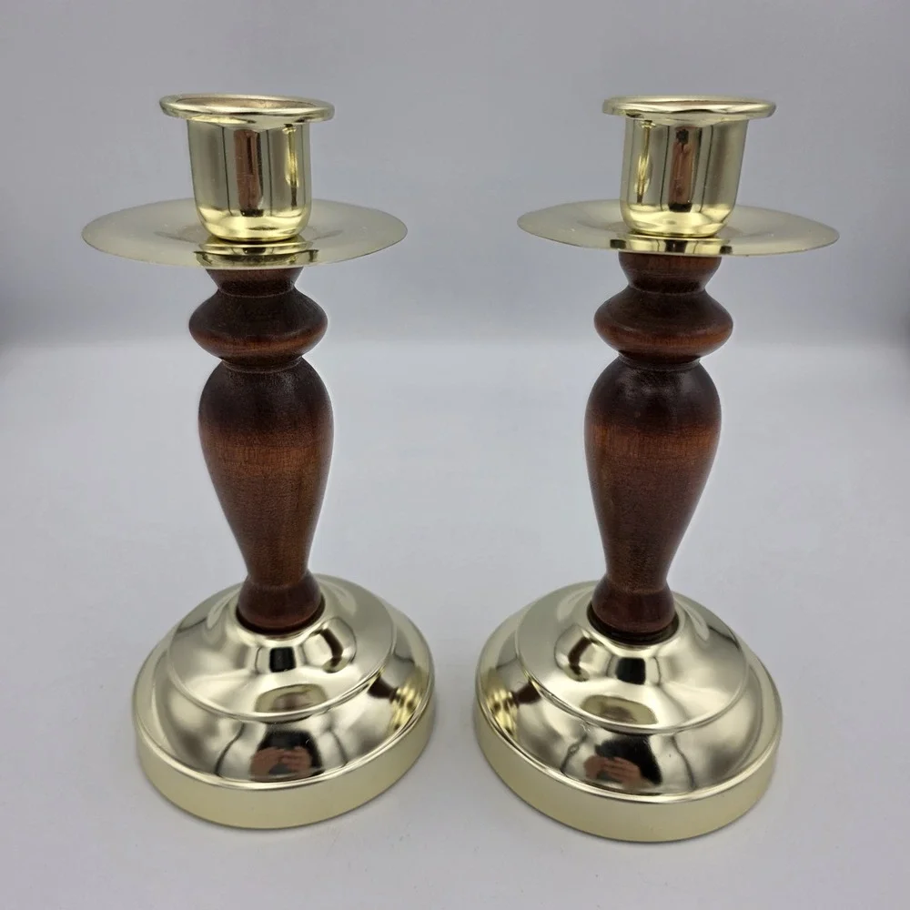 Vtg Home Interior HOMCO Brass &‎ Wood Candle Holders Candlestick Votive Holders